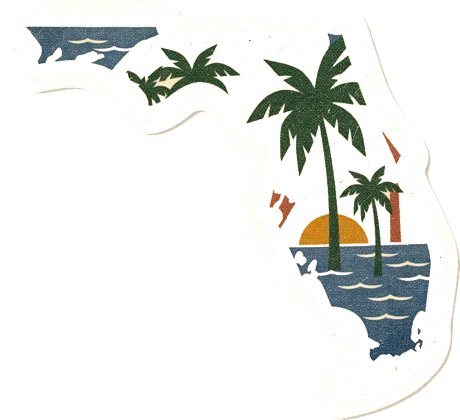 Vintage travel decal in the shape of Florida, showing palm trees and water