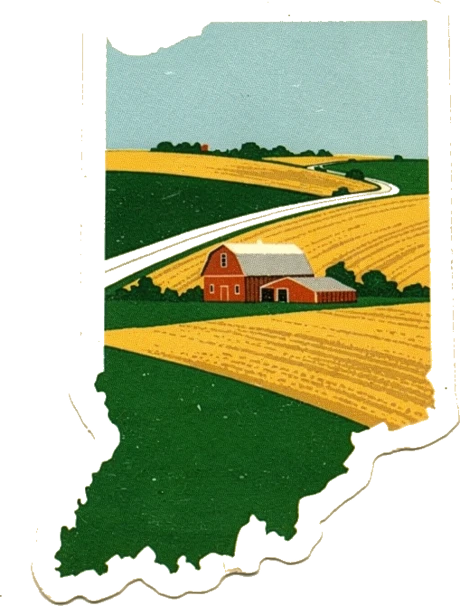 Vintage travel decal in the shape of Indiana, showing farm fields and a country road