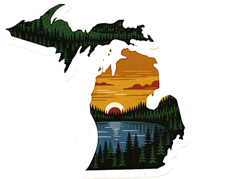 Vintage travel decal in the shape of Michigan, showing pines, a lake and a low sun