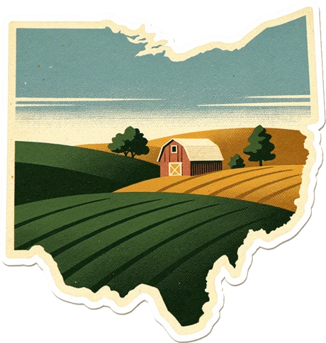 Vintage travel decal in the shape of Ohio, showing farmland and a red barn