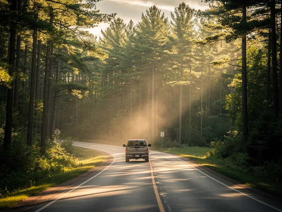 A pickup truck on a two-lane road through tall pines, morning sun breaking through the trees