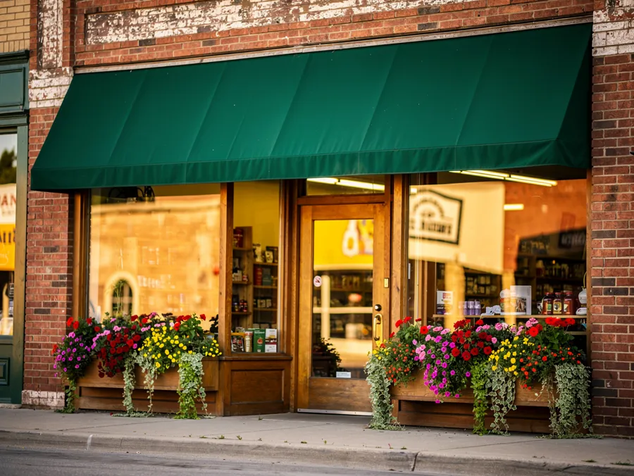 A small main street storefront with a green awning, flower boxes and a lit shop window