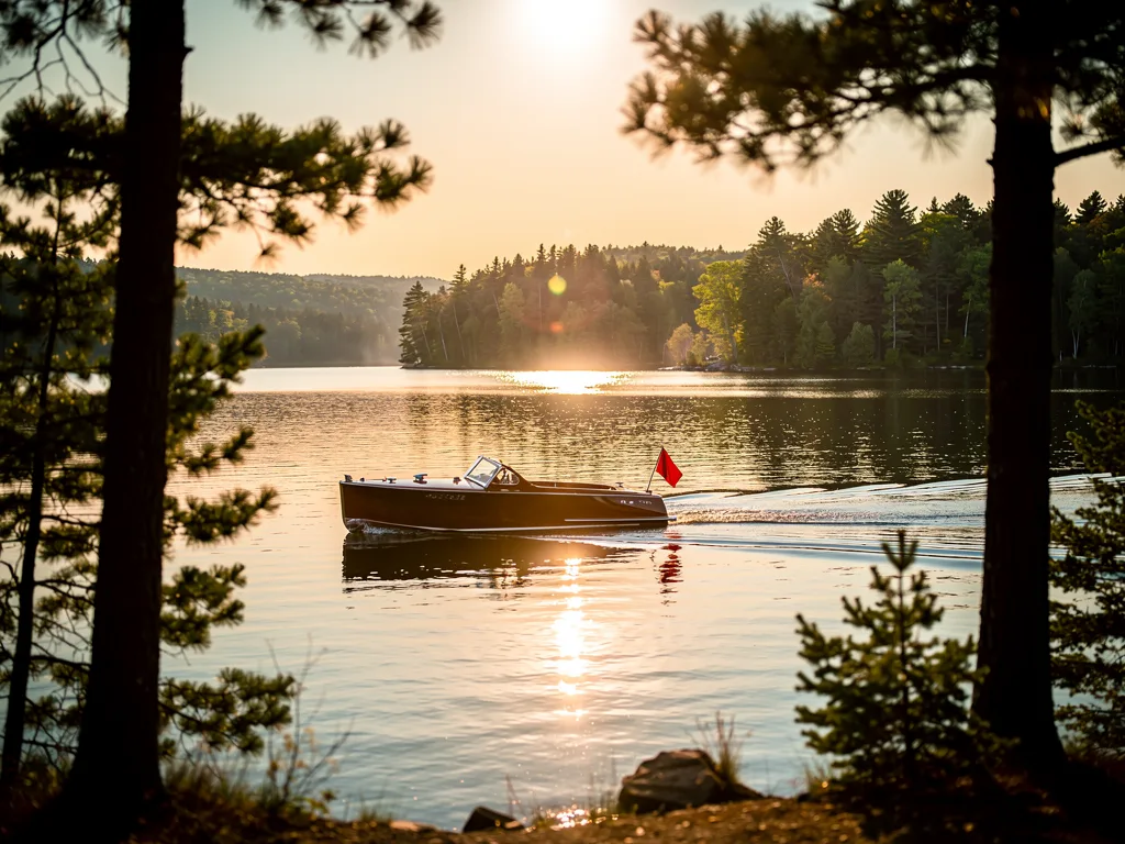 A wooden runabout boat with a small red pennant crossing a calm Northern Michigan lake at golden hour, framed by tall pines, the sun low over a forested shoreline