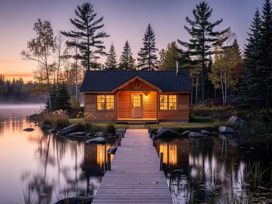 A log cabin with lit windows at dusk beside a lake, a wooden dock running out into still water