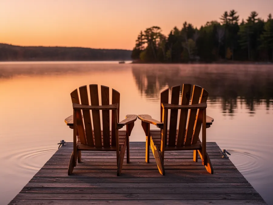 Two Adirondack chairs side by side on a dock, facing a calm lake at sunset