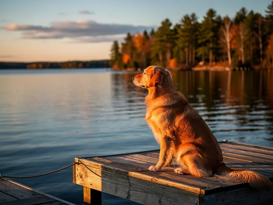 A golden retriever sitting at the end of a dock, looking out over a lake in autumn