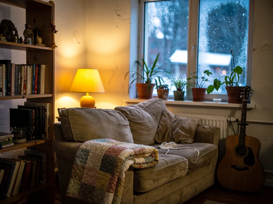 A small warmly lit apartment living room on a winter evening, a quilt on the couch and snow outside the window