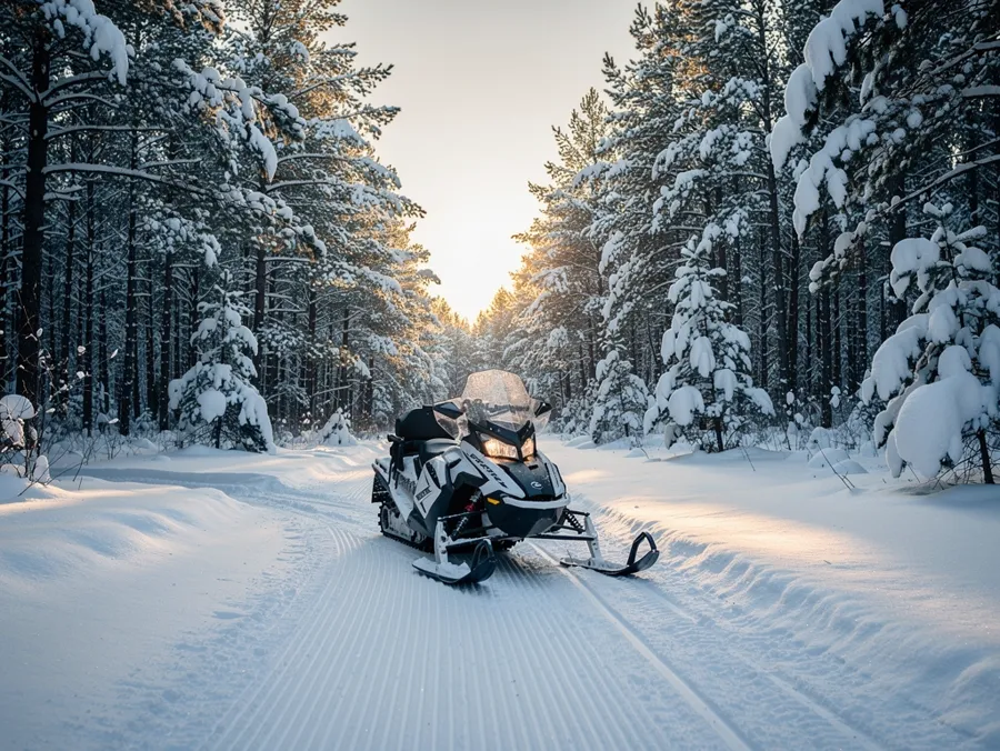A snowmobile parked on a groomed trail through deep snow and heavily laden pines