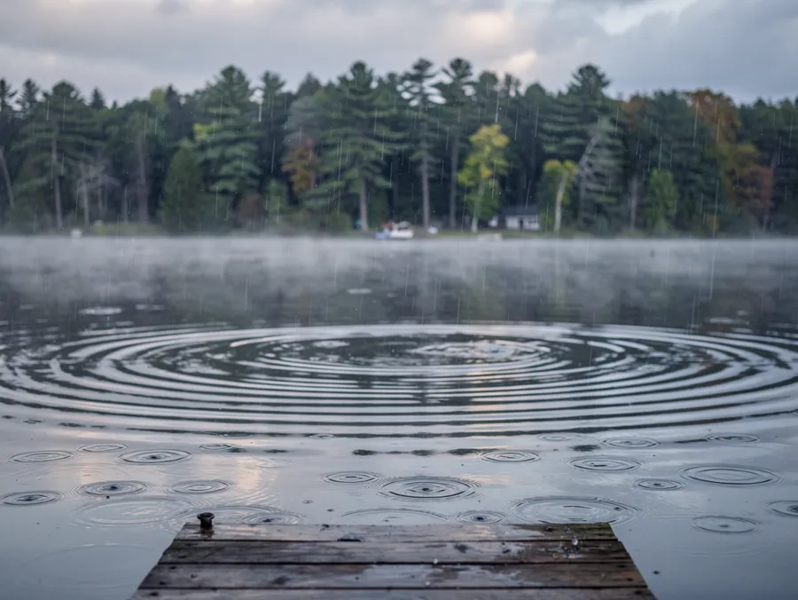 Rain rings spreading across a calm misty lake, seen from the end of a wooden dock
