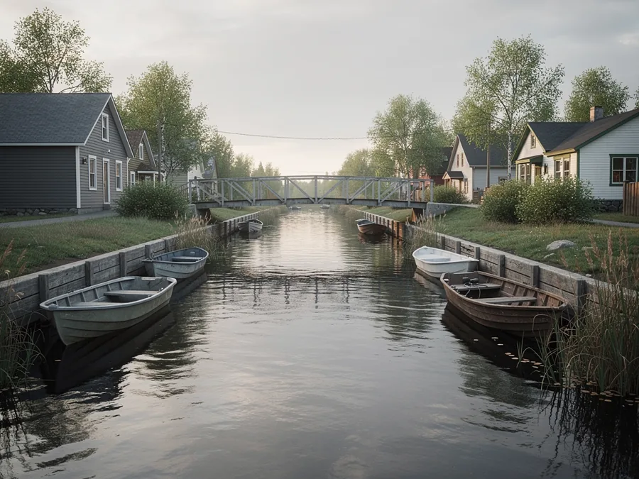 A narrow slow river through a small northern village, boats moored along the bulkhead beside a steel bridge