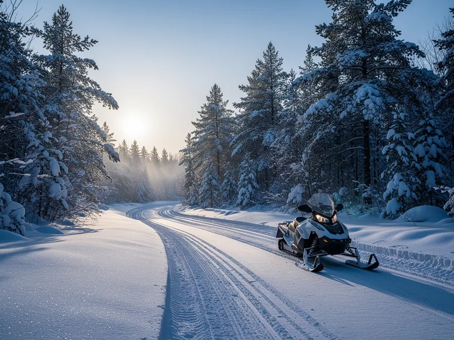 A groomed snowmobile trail cut through deep fresh snow and heavily laden pines under a low winter sun
