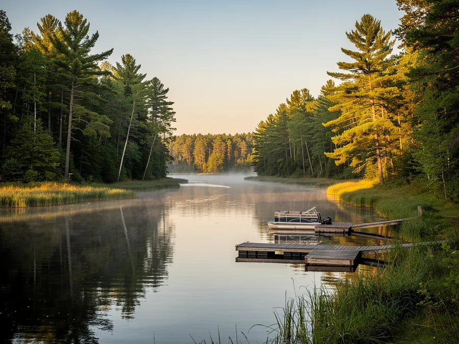 A calm river channel between two large inland lakes at golden hour, wooden docks and tall pines along the banks