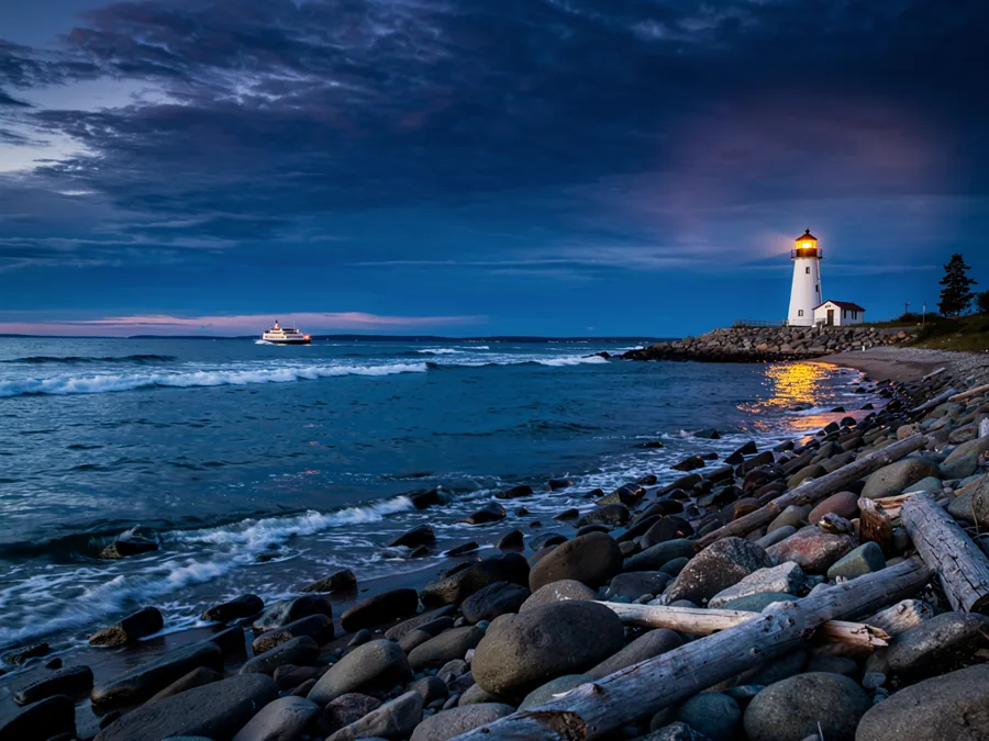 A rocky freshwater shoreline at blue hour, a lighthouse catching the last light and a ferry heading out
