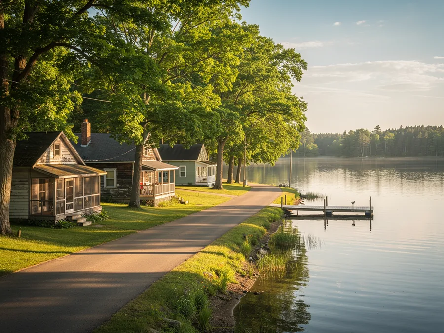 A quiet lakeside hamlet in early summer, old wooden cottages under shade trees above a calm shoreline