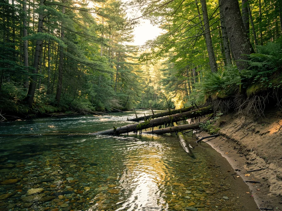 A clear shallow river running fast over gravel through cedar and hardwood forest, sunlight through the canopy